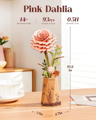 Rowood 3D Puzzle,Mother's Day DIY Wooden Flower Building Craft Kits for Adults,Botannical Collection Home Decor,Christmas/Birthday/Teacher's Day/Valentine's Day Gift- Pink Dahlia - style: Pink Dahlia