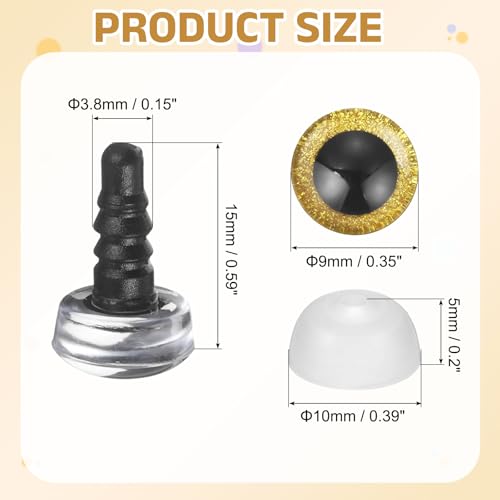 MECCANIXITY 12 Pcs Glitter Safety Eyes, 9mm Plastic 3D Crochet Doll Eyes with Washers and Drawstring Bag for Puppet Bear DIY Crafts Stuffed Animals Making Supplies, Gold - color: Gold