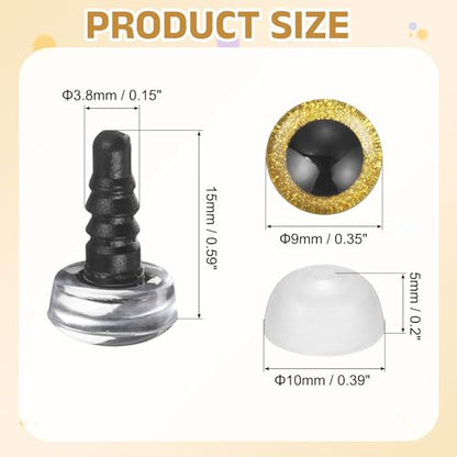 MECCANIXITY 12 Pcs Glitter Safety Eyes, 9mm Plastic 3D Crochet Doll Eyes with Washers and Drawstring Bag for Puppet Bear DIY Crafts Stuffed Animals Making Supplies, Gold - color: Gold