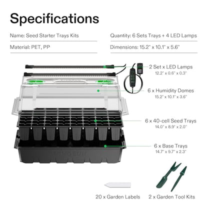 VIVOSUN 6-Pack Seed Starter Kit, 240-Cell Tray, 2 Set of LED Lights - size: 6-Pack 240-Cell, style: Trays with 2 Sets Lamps