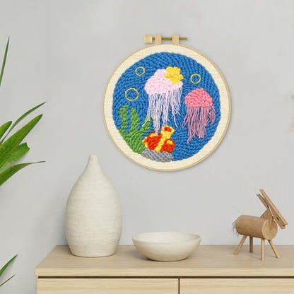 ERKOON Punch Needle Kit Adults Beginners, DIY Easy Ocean Embroidery Set for Starter Art Craft, Needling Punch Project with Patterns, Tools, Yarns, Hoop, Instruction (Jellyfish) - color: Jellyfish