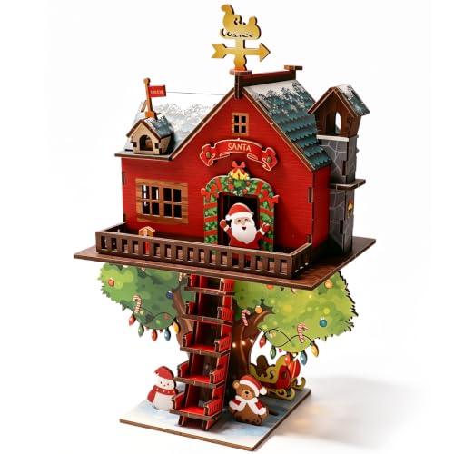 Book Nook Christmas 3D Wooden Puzzles for Adults Miniature House kit Decor - color: Christmas Red House