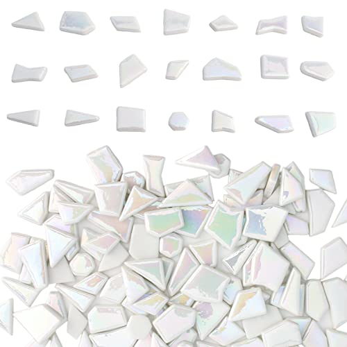 Youway Style 200g Iridescent White Glass Mosaic Tiles for Crafs Bulk - color: White, size: 200g
