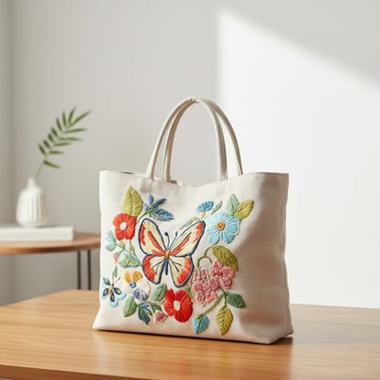 ARTopet 2Pcs Embroidery Tote Bag Kit for Beginners Butterfly Canvas Cross Stitch Handbag with Hoops Needles Threads Reusable Grocery Bag for Women-02 - color: 2Pcs-02