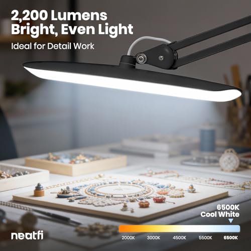 Neatfi XL 2200 Lumens 24W LED Desk Lamp – Shadow-Free Task Lighting | 4-Level Dimming | Home Office & Crafts Use | 20-Inch Wide Head (Space Gray, Non-CCT with Clamp) - color: Space Gray, size: Non-CCT with Clamp