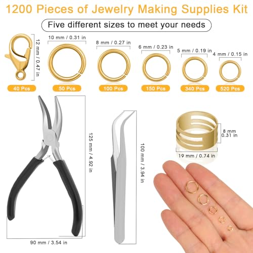 Anezus 1200PCS Jump Rings for Jewelry Making Kit, Gold, Jewelry Making Supplies and Necklace Repair, Modern Style, Small Size, Not Foldable - color: Gold