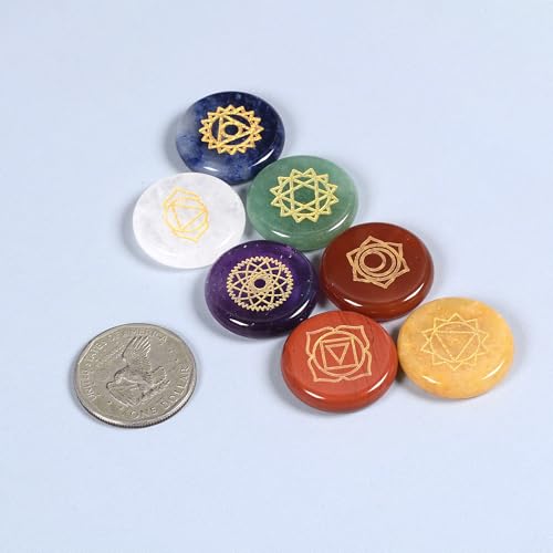 Justinstones Natural Gemstones for Meditation, Reiki, Energy Balancing & Spiritual Wellness – Engraved Chakra Symbols –7 Chakra Crystal Healing Stones Round Coin Disc Set - style: Round Coin Disc