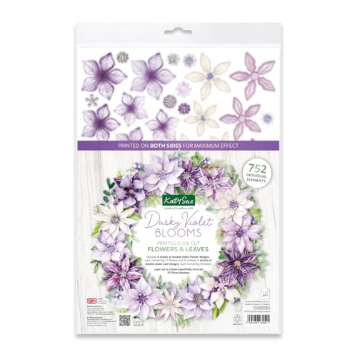 Katy Sue Dusky Violet Blooms, Die Cut Flowers & Leaves Pack. 12 Sheets of Pre-Cut Double-Sided Paper Flowers & Leaves in a Purple Colorway from Card Making Supplies. UK-Made.