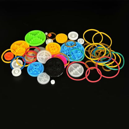 56PCS Plastic Belt Pulley Set Model Toy Pulley Wheel with Rubber Transmission Belt Band for RC Car Truck Helicopter DIY Model Building Projects (56)