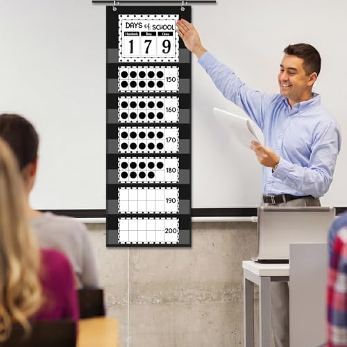 Funrous Days of School Pocket Chart Number of The Day Countdown Posters Back to School Black White Dots Countdown Bulletin Board Decor Hundreds Tens Ones Place Value Chart Cards for Classroom Home - style: Dots