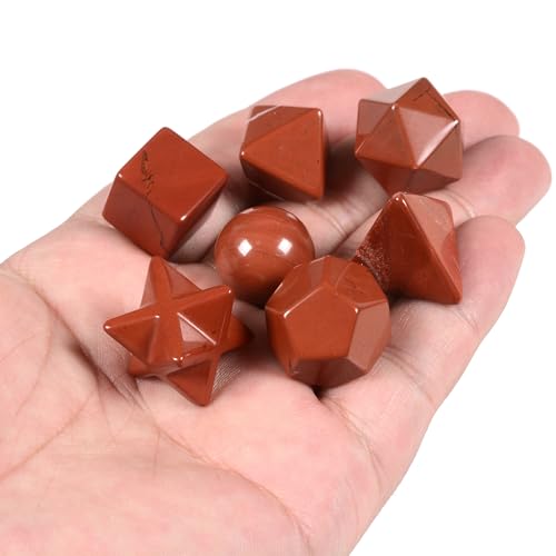 Justinstones 7-Piece Red Jasper Natural Crystal Geometry Collection Healing Crystals Kit Sacred Geometry Platonic Solids Geometric Set Tumbled Stones Specimen Collection - style: Red Jasper