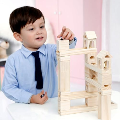 Wooden Marble Run for Kids Ages 4-8, 60 Pieces Wood Building Blocks Toys and Construction Play Set, Marble Track Maze Game STEM Learning Toys Gifts for Boys Girls - color: 60 Pcs