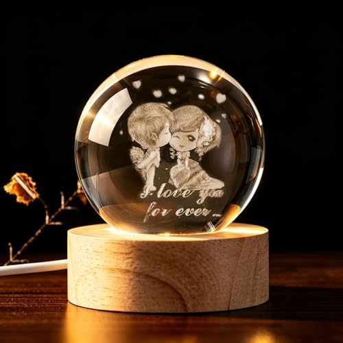 3D Engraved Couple Lover Crystal Ball, 2.4in 60mm Color‑Changing LED Night Light with Wooden Base, K9 Crystal Sphere, Romantic Gift for Her Him Anniversary Valentine’s Day - color: Clear-loving Couple