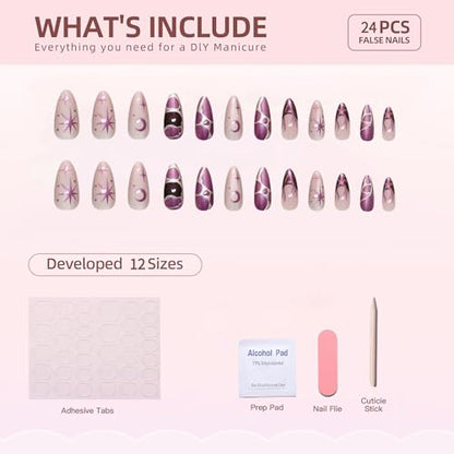 Purple Cat Eye Press on Nails Almond Shape Length Fake Nails Glossy Ombre False Nails with 3D Metal Irregular Lines Designs Acrylic Nail Press Ons Full Cover Glue on Nails for Women 24Pcs - color: Style16