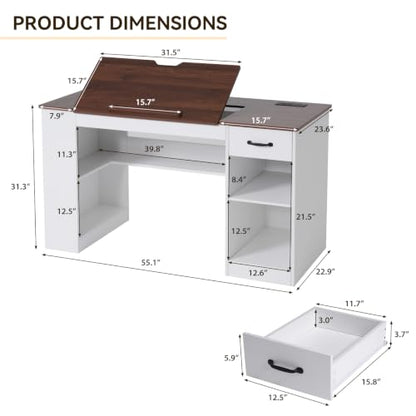 Verano Garden 55.1" Drafting Table, Craft Art Table, Computer Desk, White - color: White