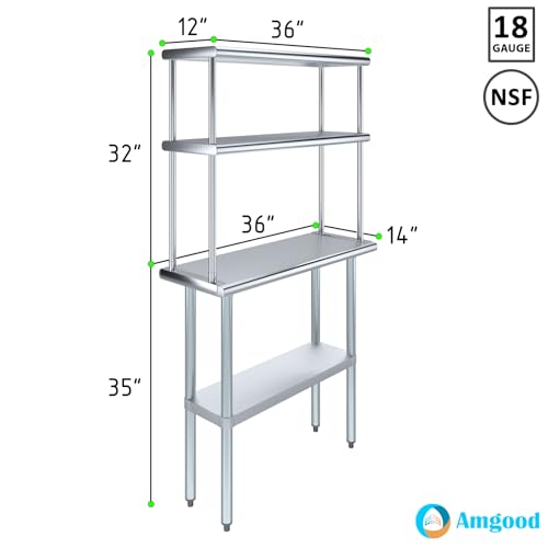 Amgood Stainless Steel Work Table Double Tier Overshelf | NSF (14" x 36" Work Table + 12" Overshelf) - size: 14" x 36" Work Table + 12" Overshelf