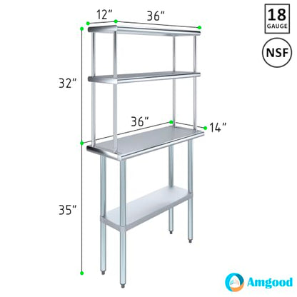 Amgood Stainless Steel Work Table Double Tier Overshelf | NSF (14" x 36" Work Table + 12" Overshelf) - size: 14" x 36" Work Table + 12" Overshelf