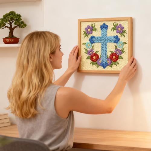 INFUNLY Cross Flowers Punch Needle Kits for Beginner Adult Floral DIY Punch Needle Embroidery Starter Kit for Wall Hanging Blue Cross Needlepoint Kit with Instruction for DIY Crafts Gift Home Decor - style: Cross Flowers
