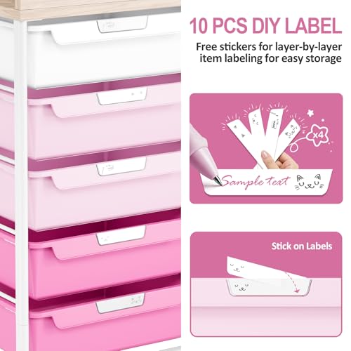 10 Drawers Rolling Cart with Wooden Tabletop, Utility Storage Cart with Wheels, Art Supply Craft Organizer on Wheel with Metal Frame & Handles for Home Office School,Pink - color: Pink