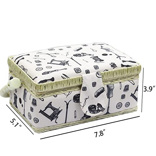 Small Sewing Basket with Supplies, Sewing Kit Storage Box for Girls/Kids/Beginners (White, Sewing Accessories Pattern)