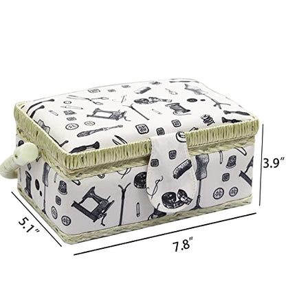 Small Sewing Basket with Supplies, Sewing Kit Storage Box for Girls/Kids/Beginners (White, Sewing Accessories Pattern)