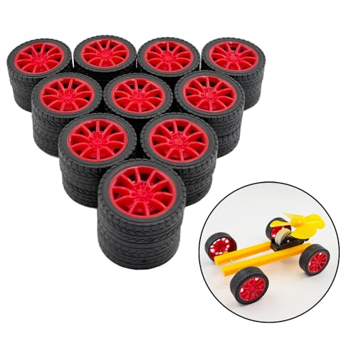 20PCS Toy Car Wheel Model Car Rubber Tire Wheel with 10PCS Round Shaft Axles for for RC Car Truck Robot Boat Helicopter DIY Model Toy Part (Red) - color: Red