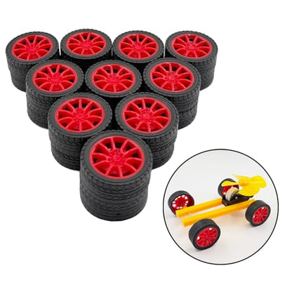 20PCS Toy Car Wheel Model Car Rubber Tire Wheel with 10PCS Round Shaft Axles for for RC Car Truck Robot Boat Helicopter DIY Model Toy Part (Red) - color: Red