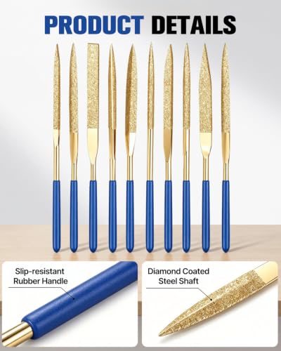 10 Pcs Needle File Set, Diamond Needle Files 4x160mm, Gold - color: Gold