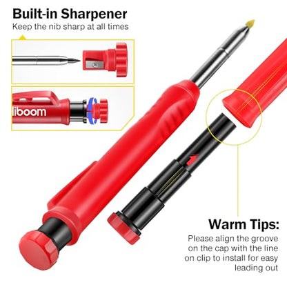 Hiboom Mechanical Carpenter Pencil with 7 Leads, Deep Hole Marker, Red - color: Red
