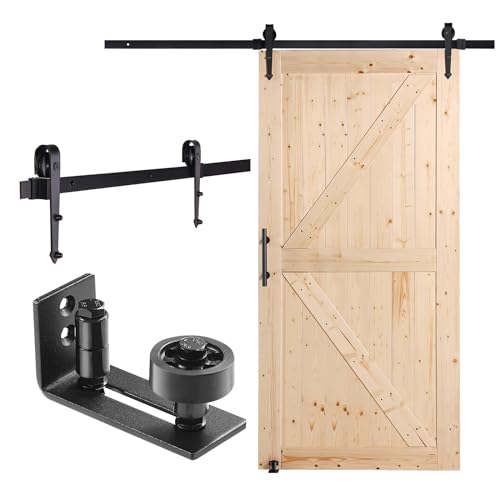 VEVOR 42in x 84in Sliding Barn Door with 7ft Barn Door Hardware Kit Included & Handle, Water-Proof Solid Wood, Easy Assembly, for Interior Rooms & Storage Closet, K-Frame, DIY, Stainable, Natural - color: Wood, size: 【Natural】42"x84" Door + 7.5' Track Kit