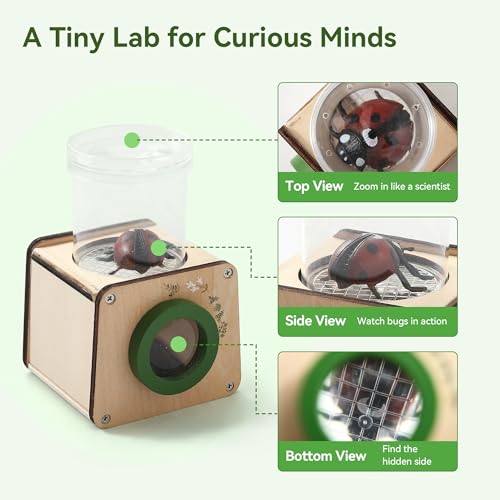 Wooden Bug Catcher for Kids, Tri-View Bug Viewer Kit, Top & Bottom Magnifiers, Insect Observation Container with Tweezers, Ruler & 10 Insect Cards, STEM Outdoor Explorer Toy