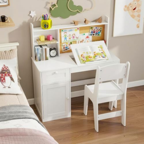 Kids Desk and Chair Set with 0-105° Tiltable Desktop for Ages 5-12, White - color: White, size: with Lift Up Hinge