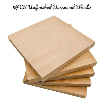 5PCS Unfinished Basswood Blocks for Crafts, Wood Craft Panels for Art, Engraving, Painting, DIY Projects, Chip Carving, Fretwork (3.93 x 3.93 x 0.39 in) - size: 3.93 x 3.93 x 0.39 in