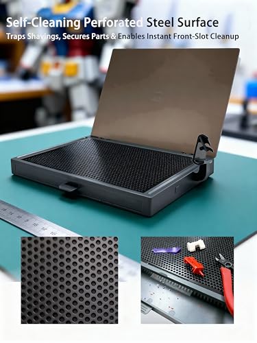 Model Workbench & Model Workstation for Gundam – All-Metal Perforated Top, Double-Sided PVC Cutting Mat, Removable Parts Tray & Text Stand – Compact Tool Bench for Gundam Building & Hobby Assembly