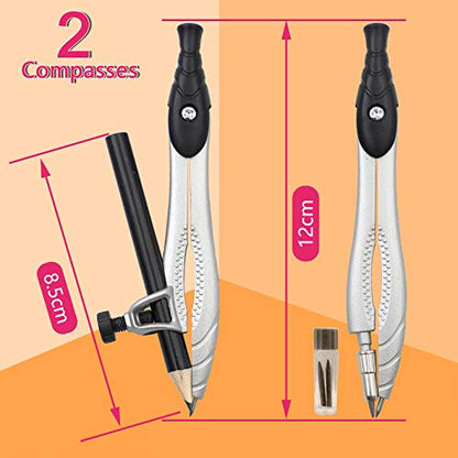 Akuoly Professional Geometry Compass Set, Starter Compass Set Includes 2 Drafting Compasses, Protractor, 2 Set Squares, Ruler in Storage Box, Back-to-School Math Supplies for Students, Black