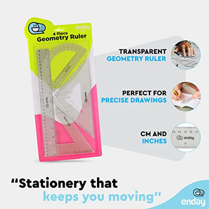 Geometry Plastic Ruler Set, Clear 12 inch/ 30 cm Straight Ruler, Triangle Rulers, Protractor Ruler Tool Set, Transparent School and Office Supplies Math Rulers for Kids and Adults, Set of 4 – By Enday