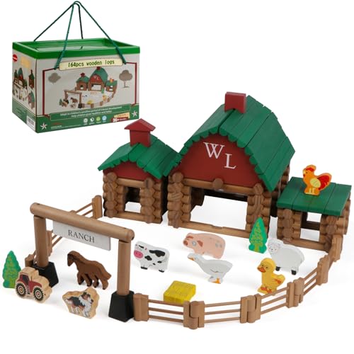 Wondertoys 164 Pcs Wooden Log Set Ranch Real Wood Logs Classic Building Log Ages 3+ Best Retro Farm Building Gift Set Creative Construction Engineering Educational Gifts - style: 164PCS Ranch