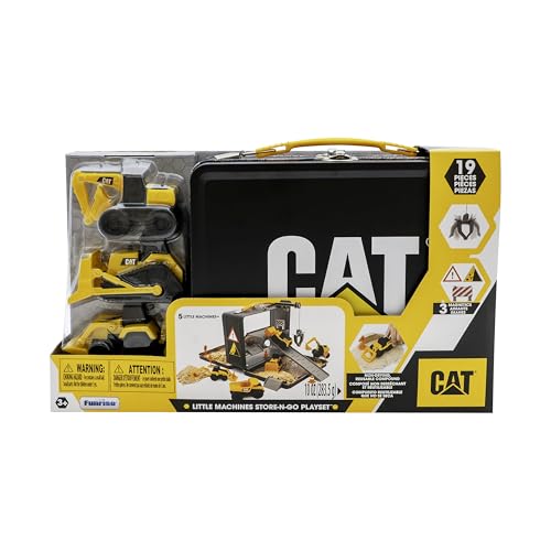 CAT Construction Toys, Store N Go Playset - Tin Travel Case Transforms into Multi-Level Worksite, Includes 2 Little Machines Vehicles & 10 + Accessories, Portable STEM Toy for Kids Ages 3 + - style: Compound Store N Go Playset