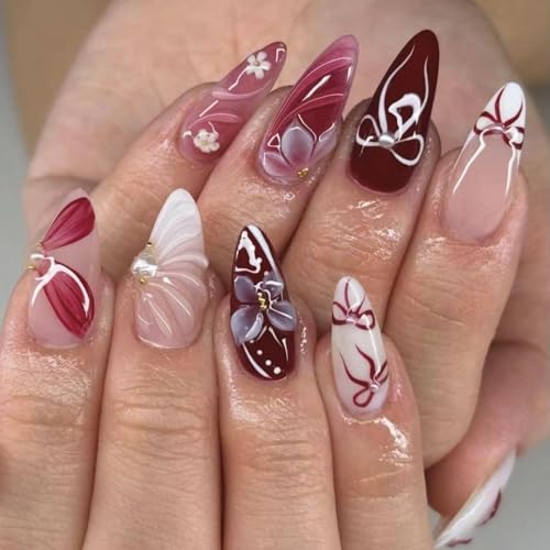 Almond Press on Nails Long Wine Red Fake Nail3D Flowers Charm Acrylic Nail Press ons with Embossed Design Stick on Nails for Women 24pcs - color: Color15