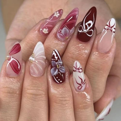 Almond Press on Nails Long Wine Red Fake Nail3D Flowers Charm Acrylic Nail Press ons with Embossed Design Stick on Nails for Women 24pcs - color: Color15