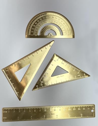 Golden Brass Ruler Stationery Set, (Durable Isosceles - Right Triangular Ruler1, Solid Ruler 18cm Scale1, Right Triangular Ruler1, Solid Protractor1)