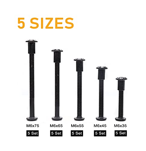 50pcs M6x35 /45/55/65/ 75mm Black Zinc Plated Hex Drive Socket Cap Bolts Barrel Nuts Assortment Kit, Furniture Joint Connector Bolts, Rivet Bolts Dowel Nuts, Countersunk Screw Post Fit - size: 35mm/45mm/55mm/65mm/75mm 50pcs