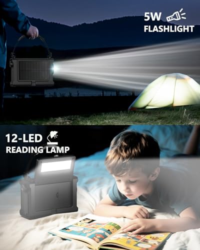 Emergency Weather Radio with Large Solar Panel, Real 12000mAh Battery - color: Black