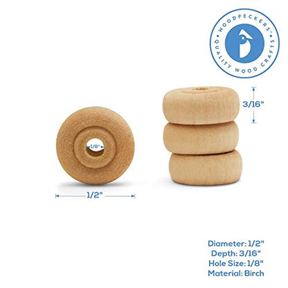 Classic Mini Wooden Wheels, Great for Crafts Too, 1/2 Inch Diameter, 3/16 Inch Thick, 1/8 Inch Hole, Pack of 100, by Woodpeckers - color: Pack of 100, size: 1/2 inch, 3/16 inch thick