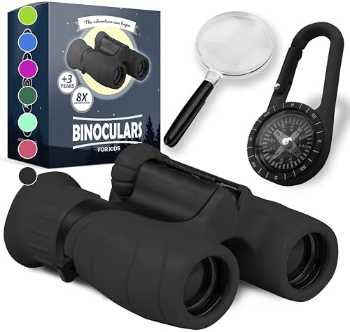Binoculars for Kids – Perfect Toy for Little Boys and Girls – Extensive Set Incl. Magnifying Glass & Compass – Powerful Magnification 8X21 – 3 to 12 Year Old Kids for Toddler - color: Black