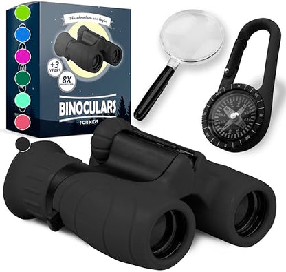 Binoculars for Kids – Perfect Toy for Little Boys and Girls – Extensive Set Incl. Magnifying Glass & Compass – Powerful Magnification 8X21 – 3 to 12 Year Old Kids for Toddler - color: Black