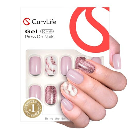 CurvLife Short Square Glitter Press On Nails, Apricot Glow Nude, Soft Gel - color: Nude Apricot