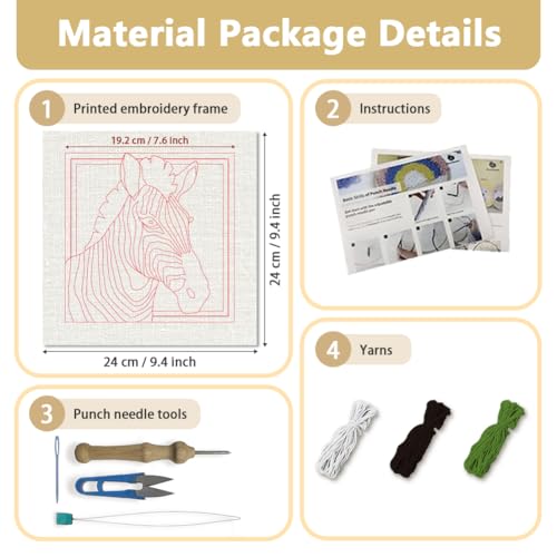 DOODLREAM Cute Zebra DIY Punch Needle Embroidery Kit for Adult Beginner, 9.4" Avocado Zebra Animal Punch Stitching Craft Set for Starter with Frame,Fabric Pattern,Threader, Yarn, Pinch Needle - color: Zebra