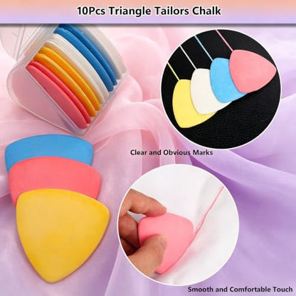 10Pcs Triangle Tailors Chalk with 100Pcs Sewing Clips, 100pcs Straight Pins Set, 4pcs Heat Erasable Fabric Marking Pens with 8 Refills, 3PCS Sewing Fabric Pencils for Quilting Craft Accessories