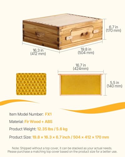 VEVOR 10 Frame Medium Super Bee Hive Box, Bee Box Dipped in 100% Beeswax, Langstroth Beehive Kit with 10 Frames and Foundations and Transparent Acrylic Windows for Beekeeping Supplement - size: Medium Super Box